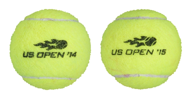 2014 and 2015 US Open Roger Federer Match Point Winning Tennis Balls vs. Sam Groth and Philipp Kohlschreiber Lot of (2)- (Meigray)